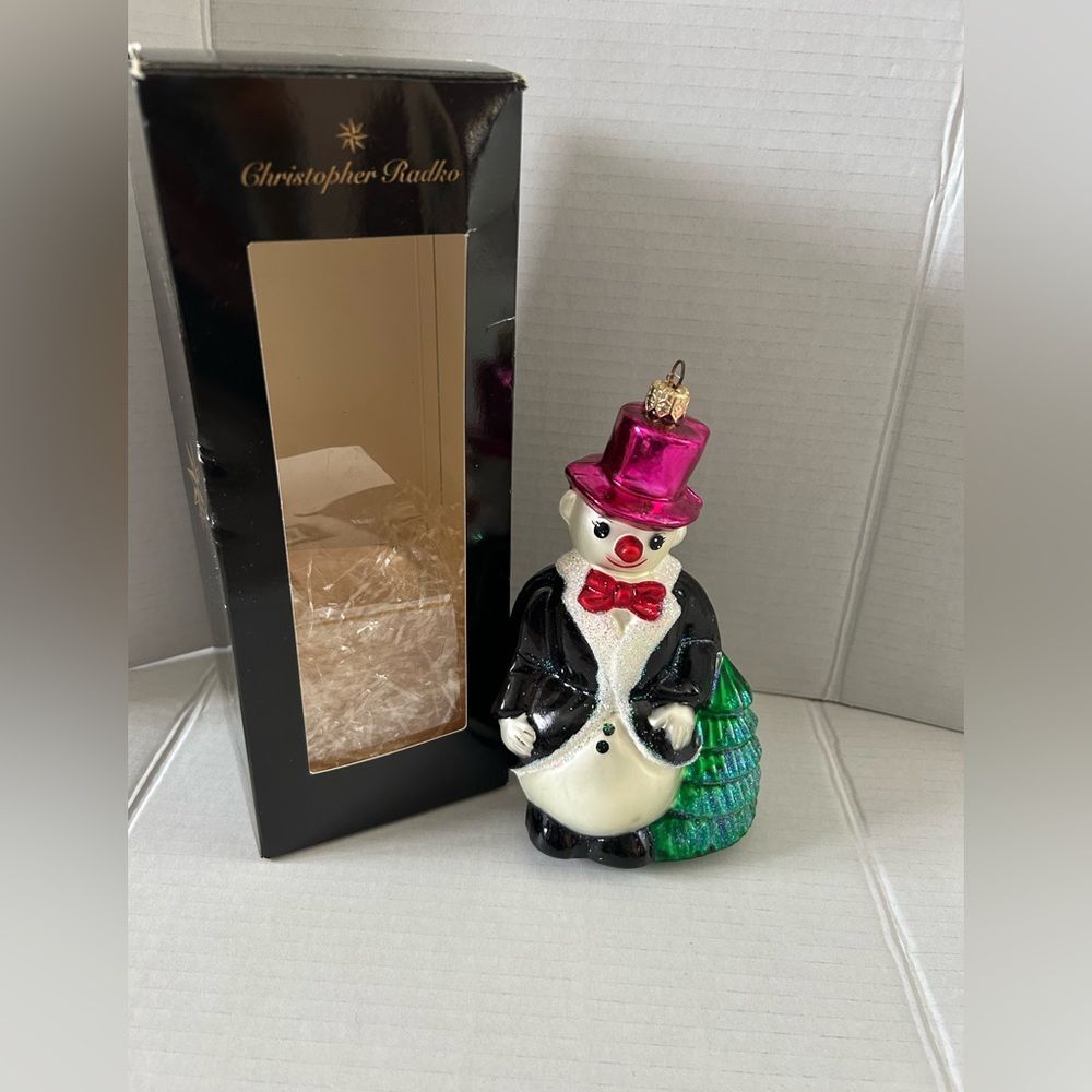 Christopher Radko Vintage Snow Gent Snowman and Tree Glass Ornament Retired